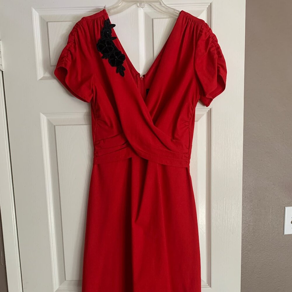 Stop Staring! Red Black Rose Appliqué  40s Dress